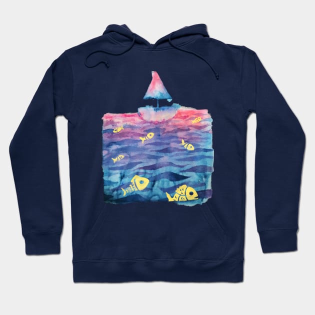 Sea, Boat & Fish Watercolor Hoodie by Hoda Hefzy 